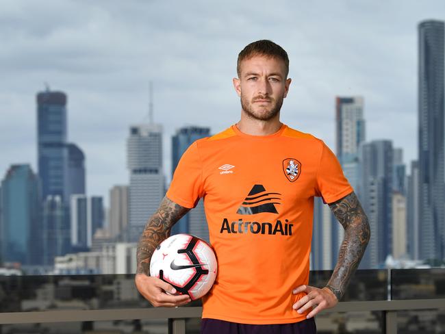 Adam Taggart is seen posing for a photograph after a Brisbane Roar recovery training session at Total Fusion Platinum gym in Brisbane, Tuesday, November 27, 2018. Brisbane will take on Adelaide United in their round six A-League clash on Friday night at Coopers Stadium in Adelaide. (AAP Image/Darren England) NO ARCHIVING