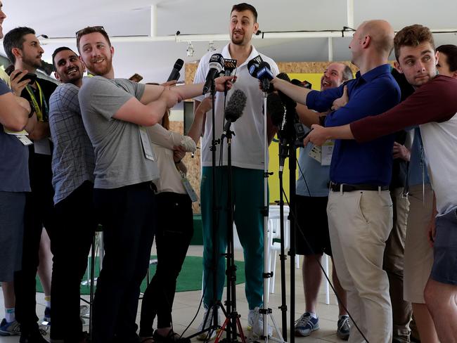 Andrew Bogut speaks to the media. Picture: Adam Head