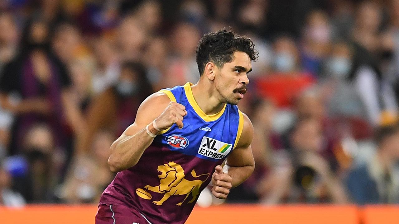 Charlie Cameron celebrates a goal during Brisbane’s easy win over Collingwood. Picture: Albert Perez/AFL Photos via Getty Images