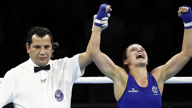 Nicolson celebrates her victory at the Oxenford Studios venue on the Gold Coast. Picture: Adrian Dennis