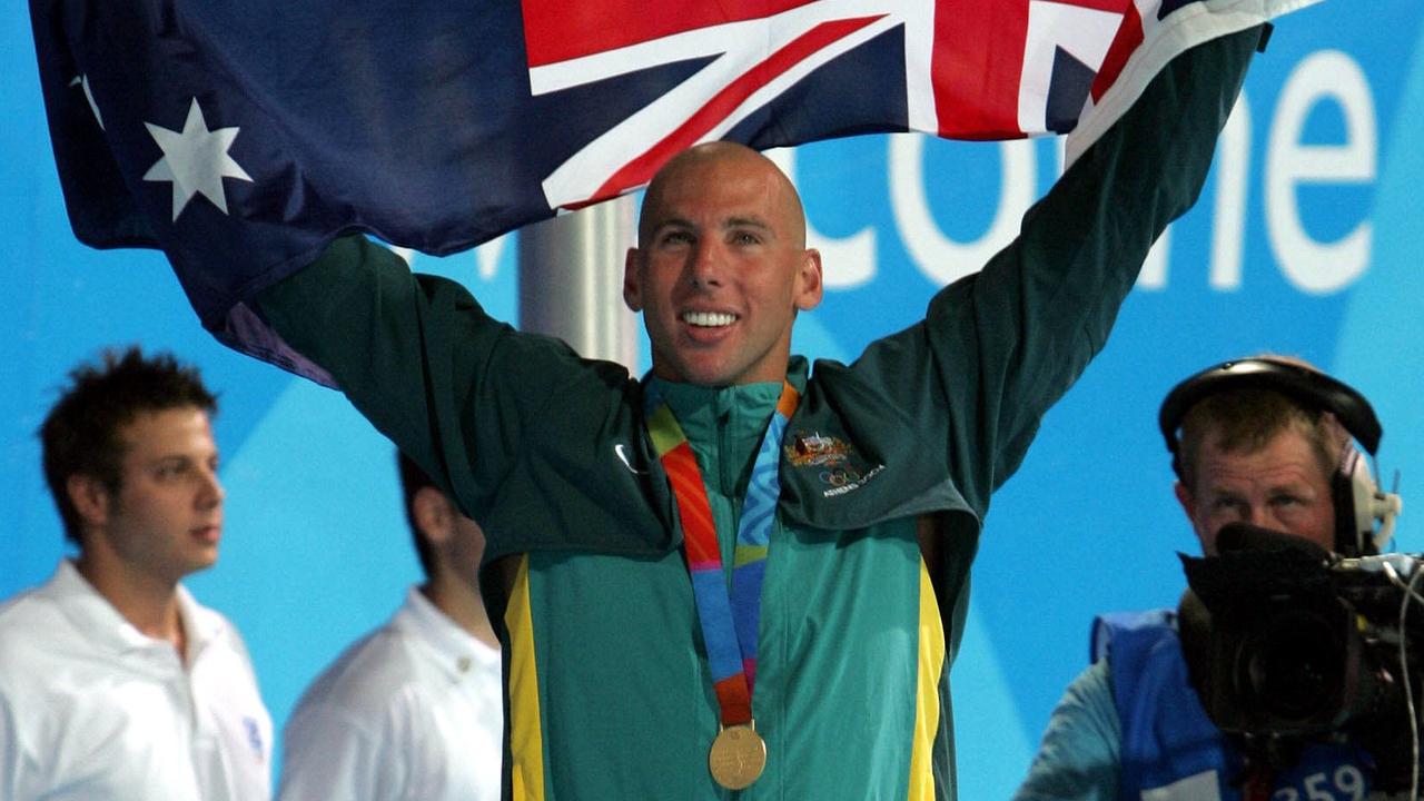 Grant Hackett after winning gold in the men's 1500m freestyle swimming event at the 2004 Olympics. Picture: Gregg Porteous.