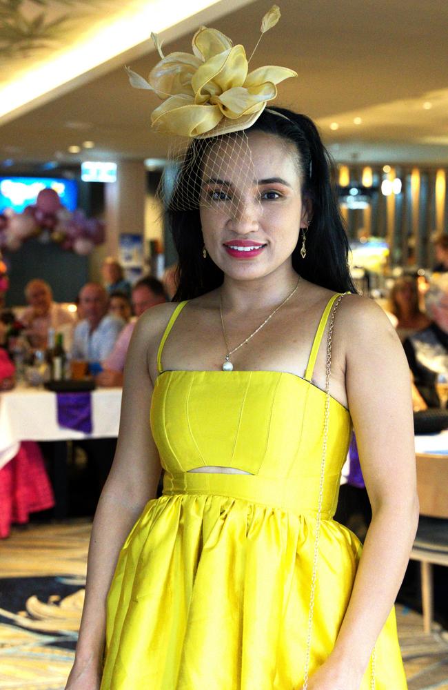 Gowns adorned by patrons at the Gympie RSL during the Melbourne Cup Races on November 7, 2023.