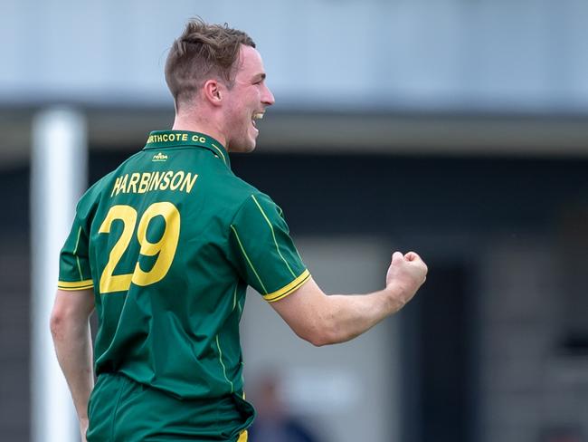 Northcote's Sam Harbinson celebrates a wicket during Round 1 of the Vic Super Slam. Picture: Arj Giese.