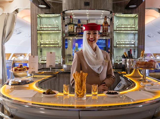 The bar in the business class lounge of an Airbus SE A380-800 aircraft operated by Emirates Airline, 2019. Picture: Getty Images