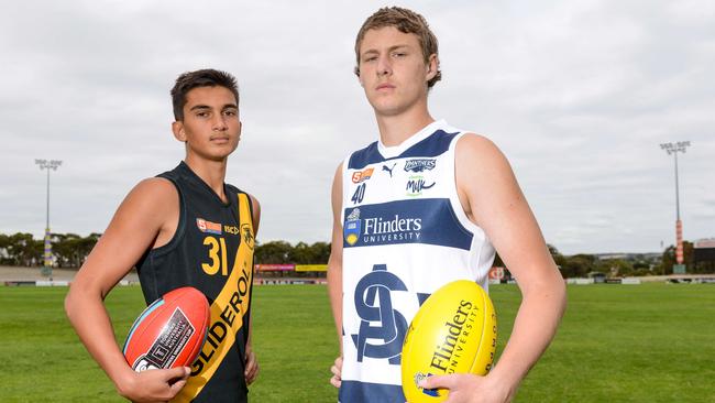 Glenelg star Ashton Moir with South Adelaide’s Tom Schirmer ahead of the 2021 SANFL under-16 Torrens University Cup grand final. Picture: Brenton Edwards