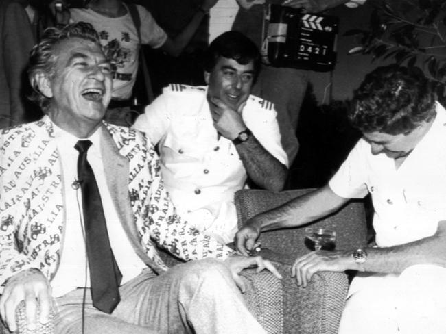 The infamous photo of then prime minister Bob Hawke wearing a celebration coat at the Royal Perth Yacht Club all-night party after Australia won the America's Cup in 1983.