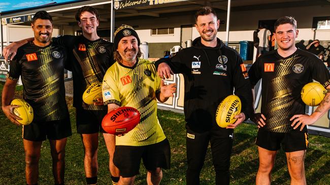 Boston Football Club president Jason Fauser (middle, left) with playing-coach Brad Keast (middle, right) and (left to right) Sunny Singh, Olly Sellen, and Riley Doolan. Picture: Robert Lang