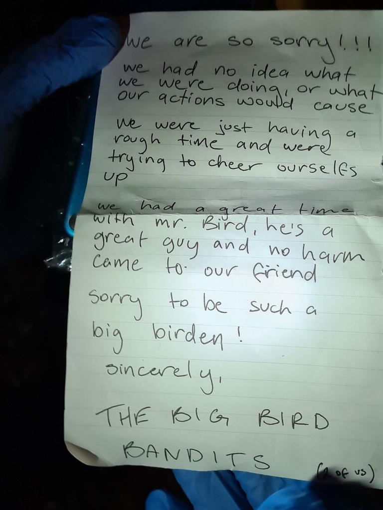 Inside the beak was an apology letter from "The Big Bird Bandits". Picture: SA Police