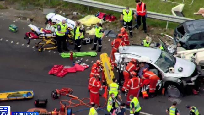 A 35-year-old man, 37-year-old woman and a one-year-old girl from the same vehicle as the two-year-old were taken to hospital. Picture: Channel 9.