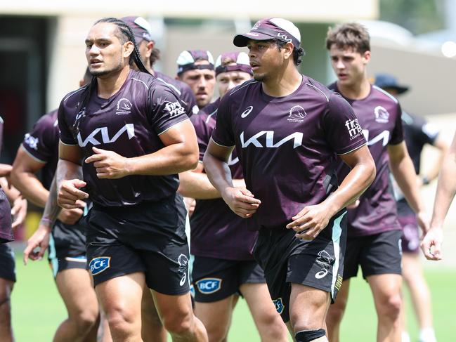 Martin Taupau and Selwyn Cobbo working hard at pre-season. Picture: Adam Head