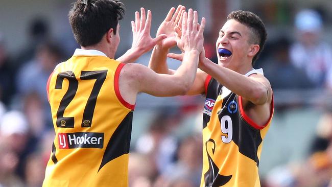 Zac Foot and Lachie McDonnell celebrate a Stingrays goal.