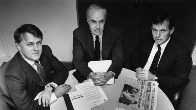 Malcolm Turnbull with The Australian’s Paul Kelly and monarchist Tony Abbott in 1993.