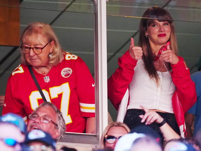 Taylor Swift attends a game between the Chicago Bears and the Kansas City Chiefs, further fuelling rumours that she is dating Chiefs star Travis Kelce. It’s surely coincidence that she’s sat next to Kelce’s mother, Donna. Picture: Jason Hanna/Getty Images