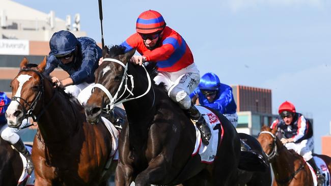 Verry Elleegant holds off Anthony Van Dyck to win the Caulfield Cup. Picture: Getty Images