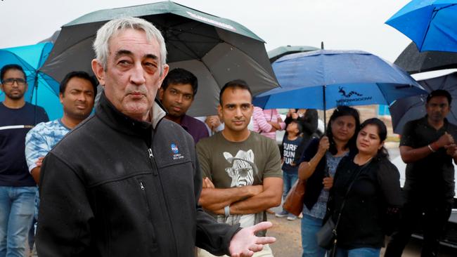 Matthew Coombes addresses Akuna Vista residents during a community protest against proposed suburb name ‘Nirimba Marana’ in January. Picture: Angelo Velardo