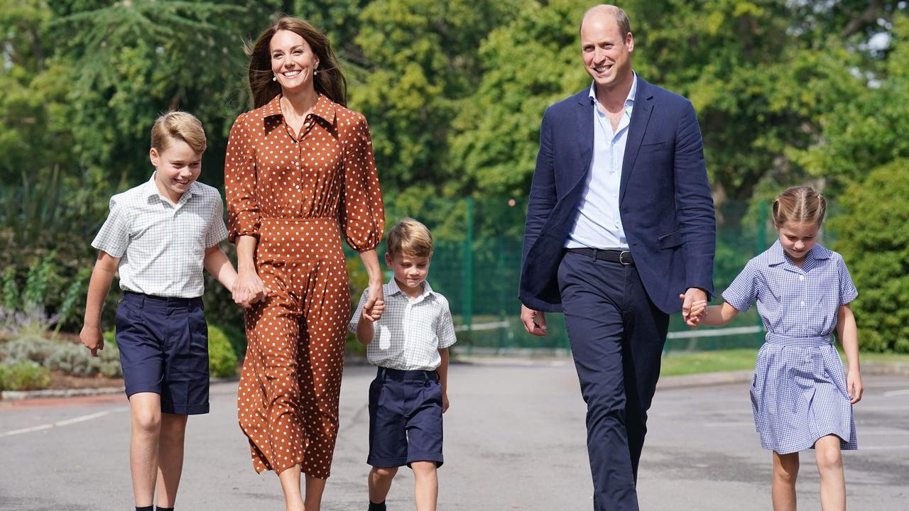 The Duke and Duchess of Cambridge, pictured with their three kids, Princes George and Louis and Princess Charlotte, arrive for a settling in afternoon at Lambrook School. Picture: Jonathan Brady/Pool/AFP