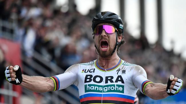 Slovakia's Peter Sagan celebrates winning the 116th edition of the Paris-Roubaix one-day classic cycling race in April 2018. Picture: AFP