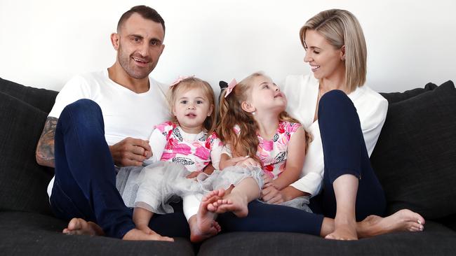 Volkanovski with wife Emma and kids Airlie and Ariana. Photo: Sam Ruttyn