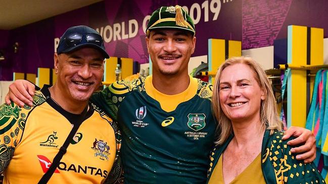 Helen Petaia, right, the mother of Wallabies player Jordan Petaia, centre, and his father. Picture: Instagram