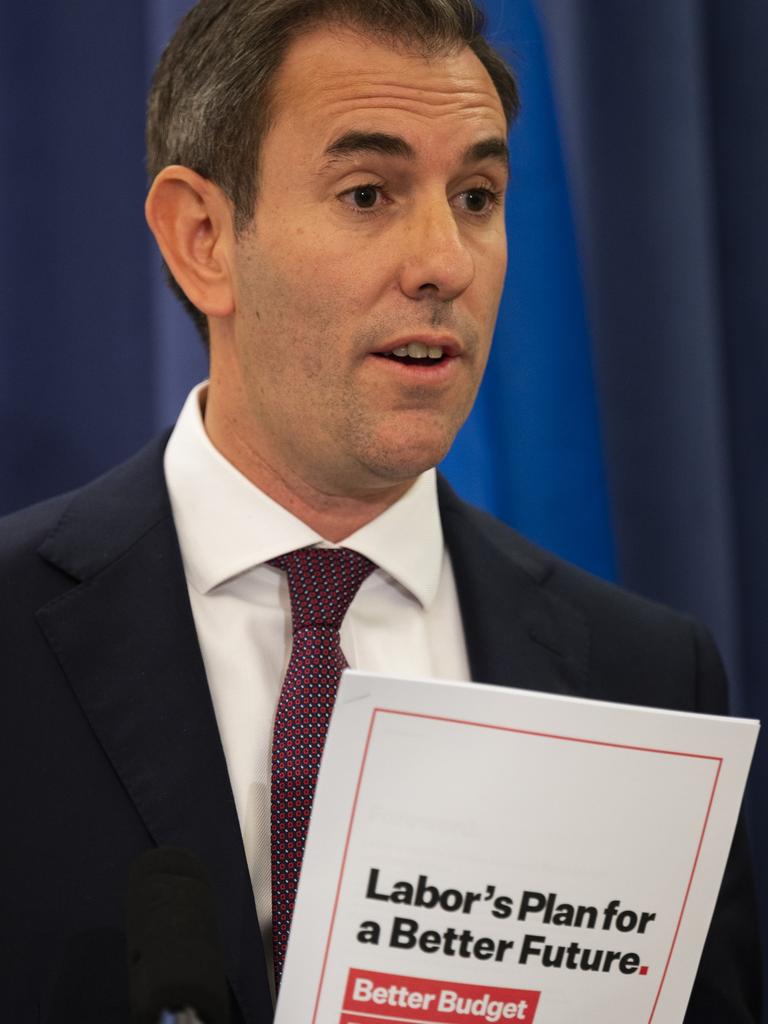 The Shadow Treasurer, Jim Chalmers releases Labor's full policy costings, including its budget deficit forecasts for the four-year forward estimates at Parliament House in Canberra. Picture: NCA NewsWire / Martin Ollman