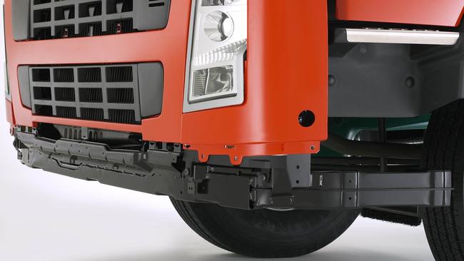 Underrun protection systems are fitted to the truck on the front and sides, to prevent anything being dragged under the wheels. Here, a Volvo Truck Front Underrun Protection System is pictured.