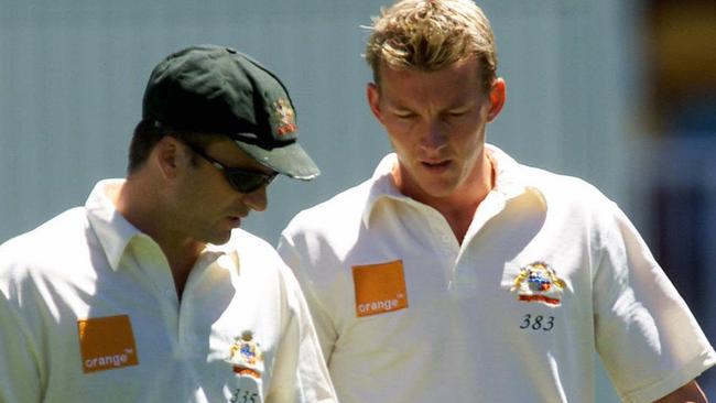 Australian captain Steve Waugh chats with paceman Brett Lee during the First Test against New Zealand at the Gabba in 2001. Picture: David Kapernick