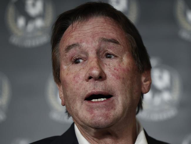 MELBOURNE, AUSTRALIA - JULY 31: Collingwood President Jeff Browne speaks to the media during a press conference at Glasshouse Event Space on July 31, 2024 in Melbourne, Australia. (Photo by Daniel Pockett/Getty Images)