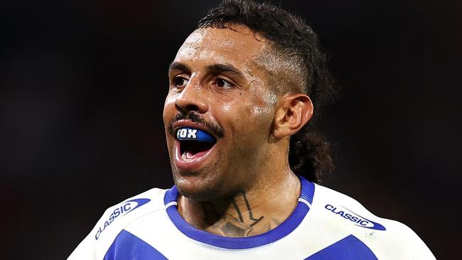 BRISBANE, AUSTRALIA - MAY 17: Josh Addo-Carr of the Bulldogs looks on during the round 11 NRL match between Canberra Raiders and Canterbury Bulldogs at Suncorp Stadium, on May 17, 2024, in Brisbane, Australia. (Photo by Hannah Peters/Getty Images)