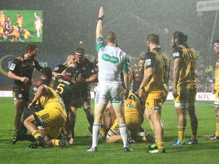 Chiefs players celebrate a try.