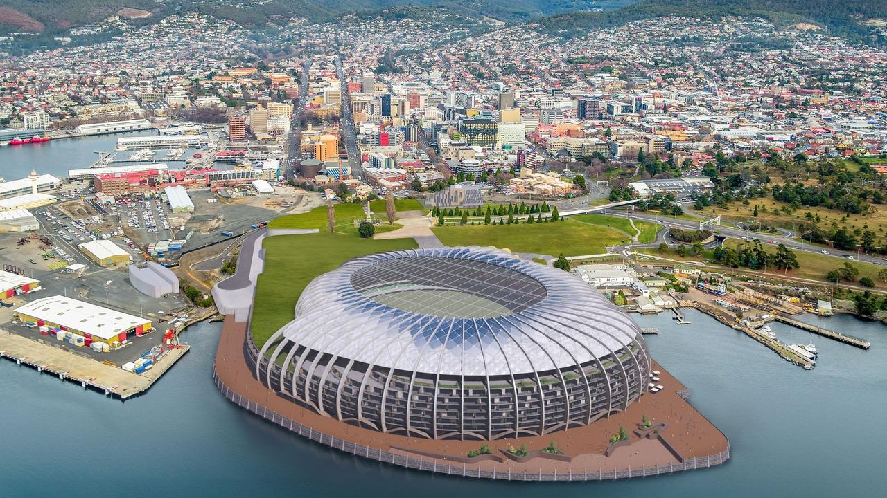 An artist’s impression of Macquarie Point Stadium 2.0 from above. Picture: Stadia Precinct Consortia