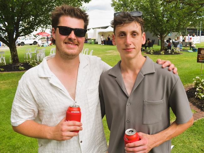 Jack Webb and Jarrod Hocking enjoying all the action at the Ladbrokes Cranbourne Cup on Saturday, November 23, 2024. Picture: Jack Colantuono