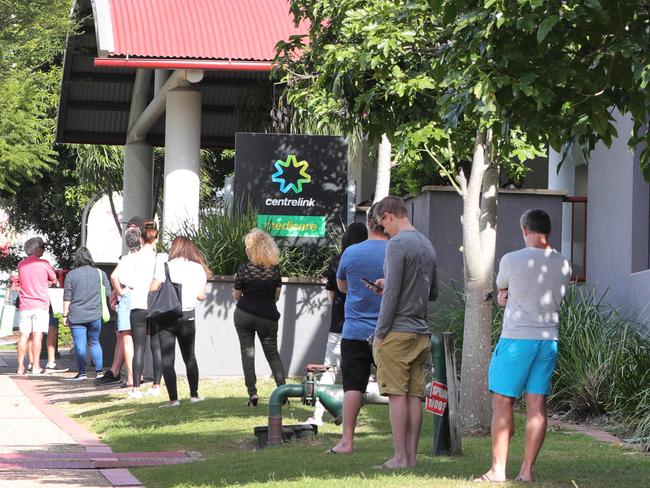 The queue outside Southport Centrelink at 8.40am this morning. Picture Glenn Hampson