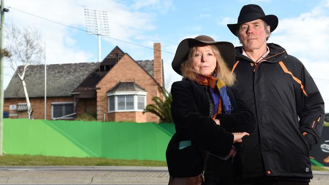 Sheila Newman and James Sinnamon outside the heritage home in Frankston that developers want to destroy to build two towers. Picture: Josie Hayden