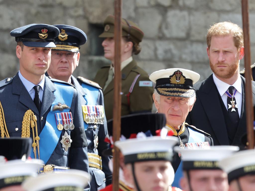 Prince William, alongside his father and Prince Harry before the Queen’s funeral in 2022 reportedly does not want his brother at his coronation. Picture: Getty Images