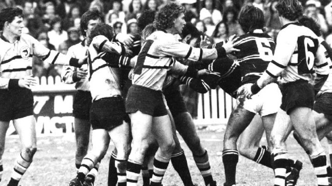 Cronulla and Manly players come together during the 1973 grand final.