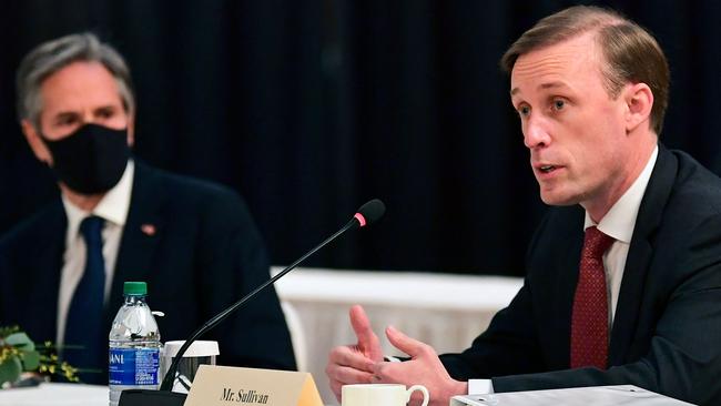 US National Security Advisor Jake Sullivan, right, speaks as US Secretary of State Antony Blinken looks on at the opening session of US-China talks. Picture: AFP