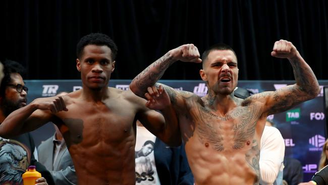 The George Kambosos Jr and Devin Haney weigh in degenerated into classic fight chaos when the two faced off. Picture: Kelly Defina/Getty Images)