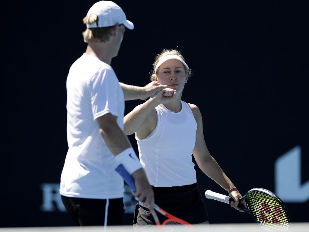 Luke and Daria Saville couldn’t make it work on the court in their first doubles appearance as a married couple. Picture: Mackenzie Sweetnam/Getty Images