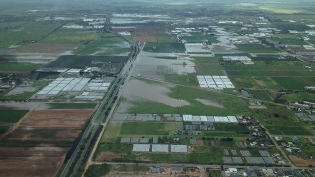 The flood-hit areas around Virginia. Port Wakefield Rd heads up through the middle of the photo. Pic: SES