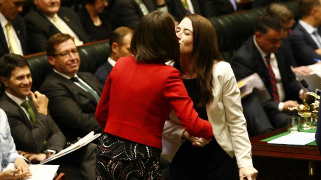 MP Felicity Wilson congratulated by Premier Gladys Berejiklian after her swearing in as the new member for North Shore. Picture: John Appleyard