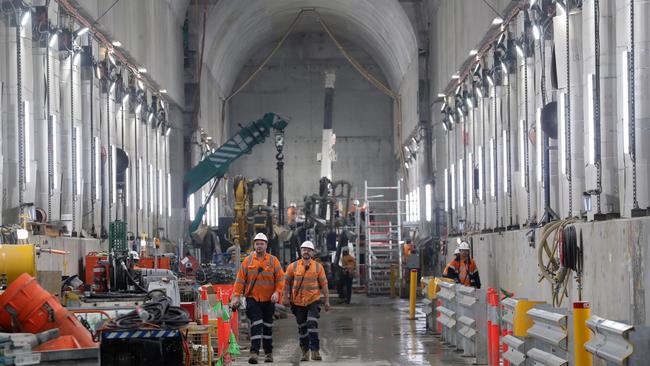 Works continue in the Metro Tunnel, with Town Hall Station among the most advanced of the sites. Picture: David Crosling