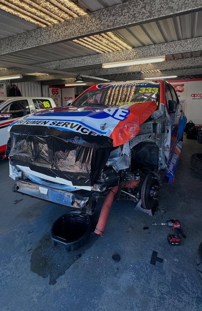 Rossi Johnson's SuperUte in the garage after the damage to the front-left corner. Picture: Apogee Motorsports Facebook