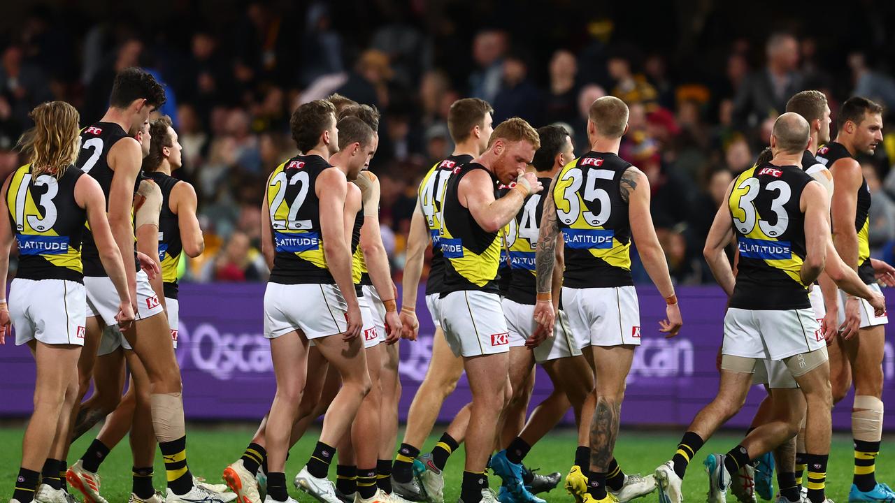 Tigers leave the field (Photo by Chris Hyde/AFL Photos/via Getty Images)