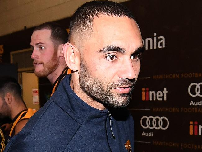 Shaun Burgoyne of the Hawks is seen after the Round 14 AFL match between the Hawthorn Hawks and the Gold Coast Suns at the University of Tasmania Stadium in Launceston, Saturday, June 23, 2018. (AAP Image/Julian Smith) NO ARCHIVING, EDITORIAL USE ONLY