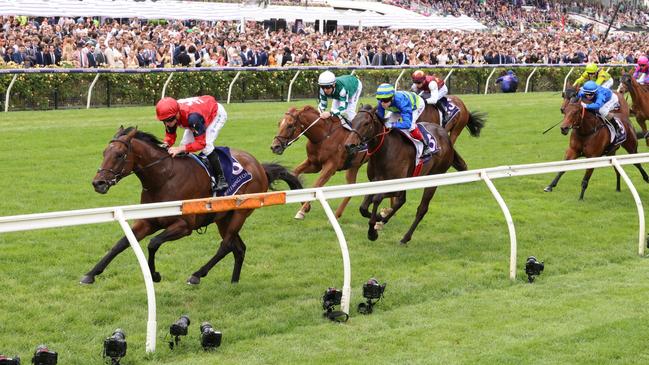 Schwarz, winning during the Flemington carnival last spring, is the favourite in the Hawkesbury Guineas. Picture: George Sal/Racing Photos via Getty Images