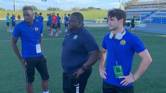 Brandon Sumpter (right) before a FIFA World Cup Qualifier for Barbados. Picture: Supplied.