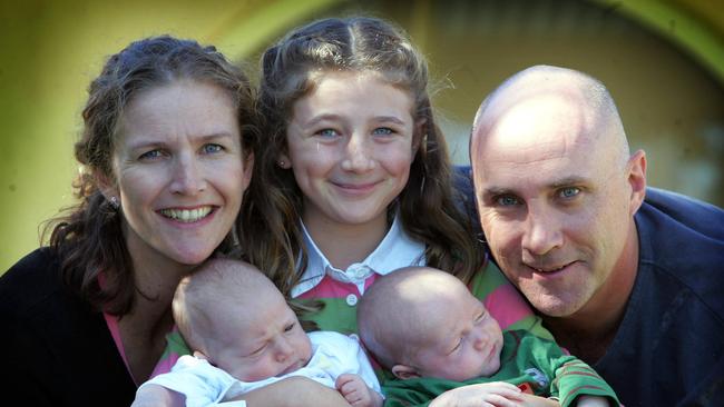  Jacqui and Roger Delaney with Yasmine who was eight at the time and then nine-week-old twins Jada and Cooper. Picture: News Corp