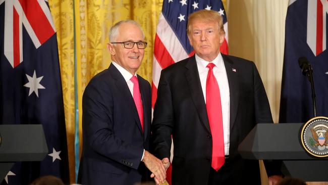 Malcolm Turnbull and Donald Trump after their joint press conference. Picture: Nathan Edwards