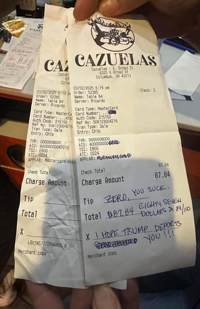 A woman has been fired from her job for leaving a nasty 'tip' on a bill at a Mexican restaurant. Picture: Facebook/JasmineLisi