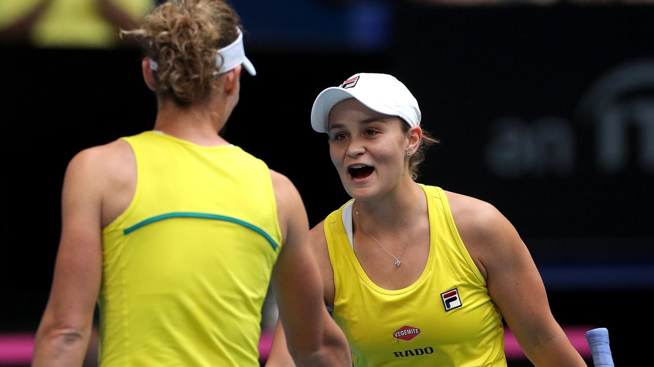 Ash Barty and Sam Stosur of Australia in action during the doubles match against Caroline Garcia and Kristina Mladenovic of France on day 2 of the Fed Cup Final tennis competition between Australia and France at RAC Arena in Perth, Sunday, November 10, 2019. (AAP Image/Richard Wainwright) NO ARCHIVING, EDITORIAL USE ONLY